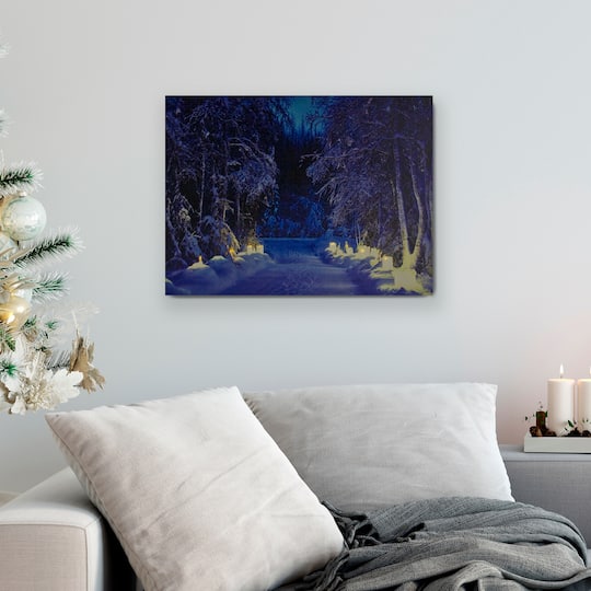 LED Lighted Nighttime In The Woods Winter Scene Canvas Wall Art